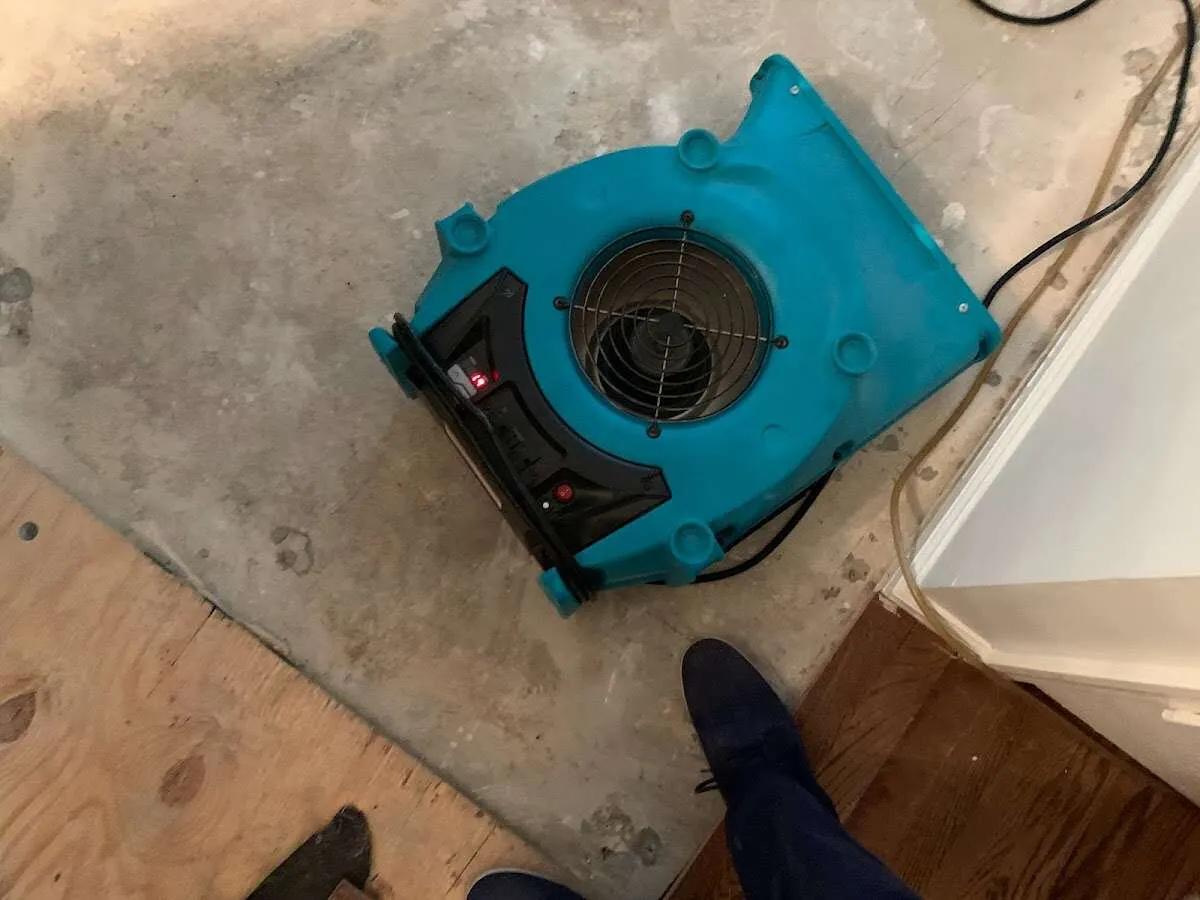Air mover drying subfloor during Commercial Water Damage Restoration in North Charleston